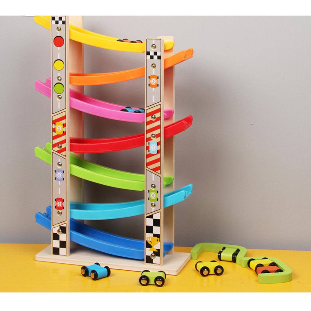 Houten 7-Layer Ramp Race Track & 8 Mini Inertie Auto Glijden Speelgoed Vehicel & Trein Baby Peuter Motor vaardigheid Developmental Kids