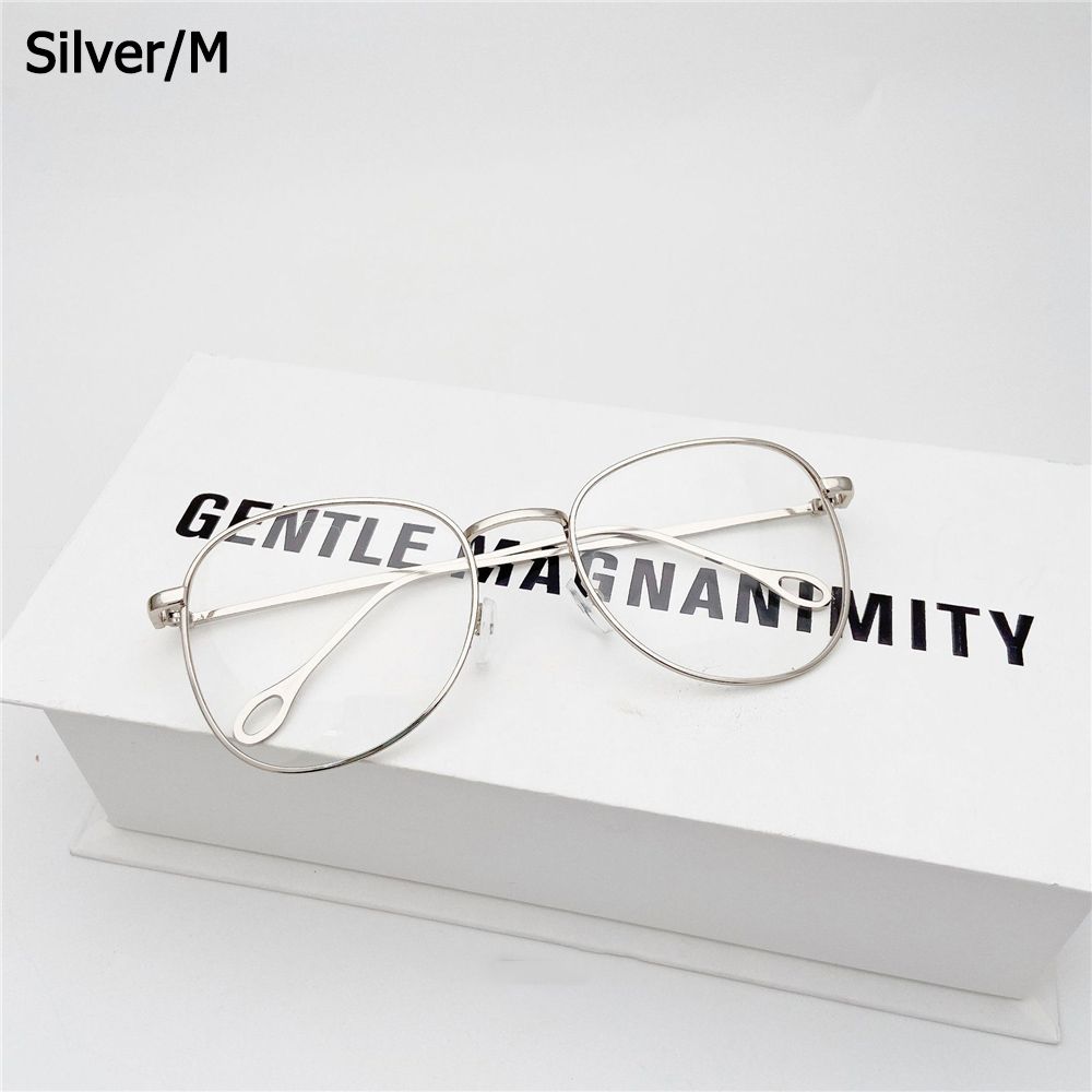 Unisex Big Round Frame Glasses Metal Fram Eyeglasses Women Men Retro Optical Glasses Flat Mirror Eyewear: silver-M
