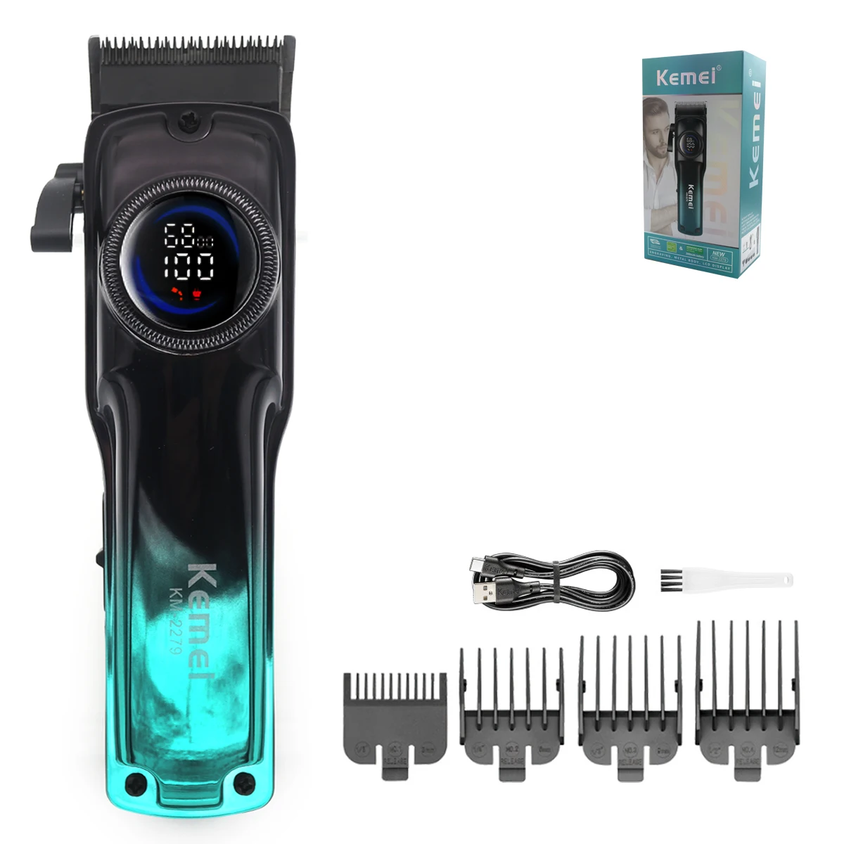Kemei KM-2279 Hair Clipper for Men LCD Display Low Noise Cordless USB Interface Hair Cutting Machine Hair Trimmer: Yellow
