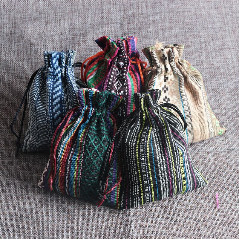 Bolsas étnicas de algodón de 9x13cm, a rayas de colores, embalaje de joyería, bolsa de con cordón, 50 unids/lote, novedad: Default Title