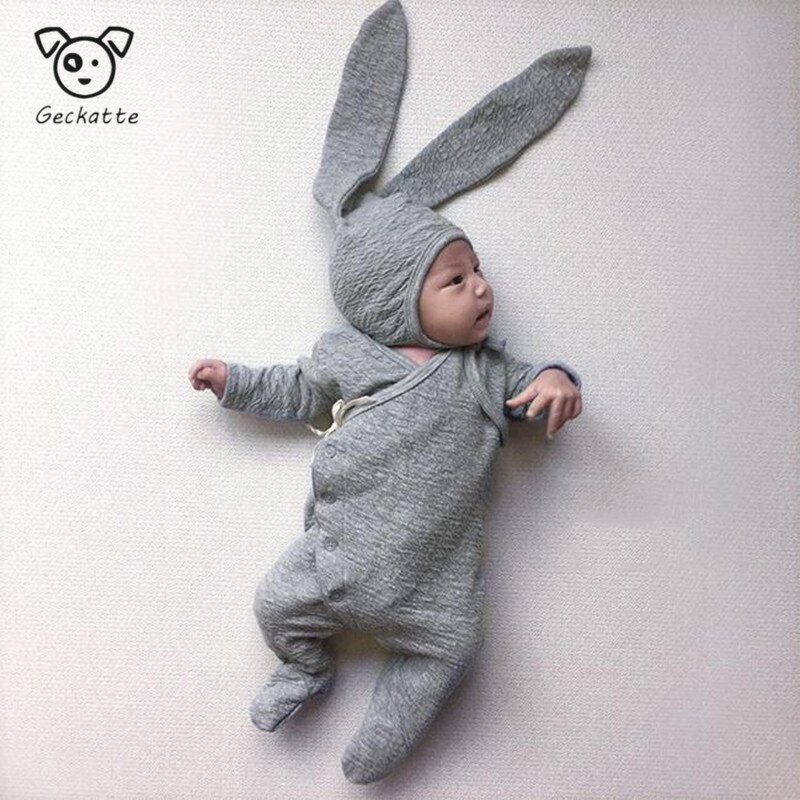 Geckatte Autumn Cute Ear Hat+long Romper Sets Baby Girl Clothes Solid Baby Boy Clothes Born Baby Clothes Babygirl Onesie
