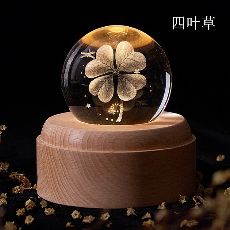 Music Box Crystal Ball Snow Globe Glass Lights Universe Moon Galaxy Earth Globe Crafts Home Desktop Decor for Valentine's Day: Lucky clover Globe