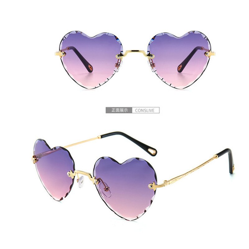 Love heart randløse solbriller kvinder luksus mærke hjerteformede drev solbriller slik farve linse plast oculos