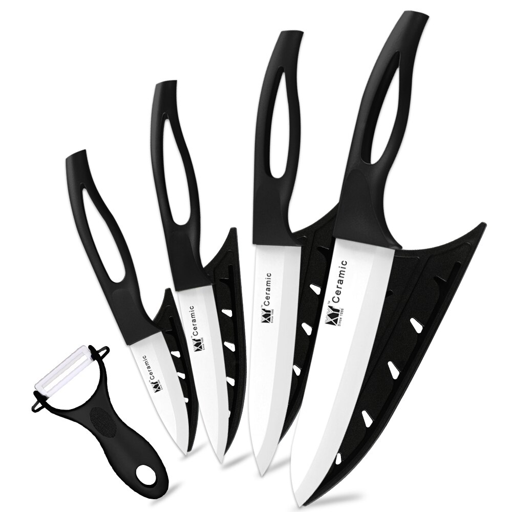 Xyj kökskniv keramisk kniv matlagningsset 3 " 4 " 5 " 6 " tum + skalare skönhetsblad skala frukt vege kockkniv köksredskap: Svart h vitt blad