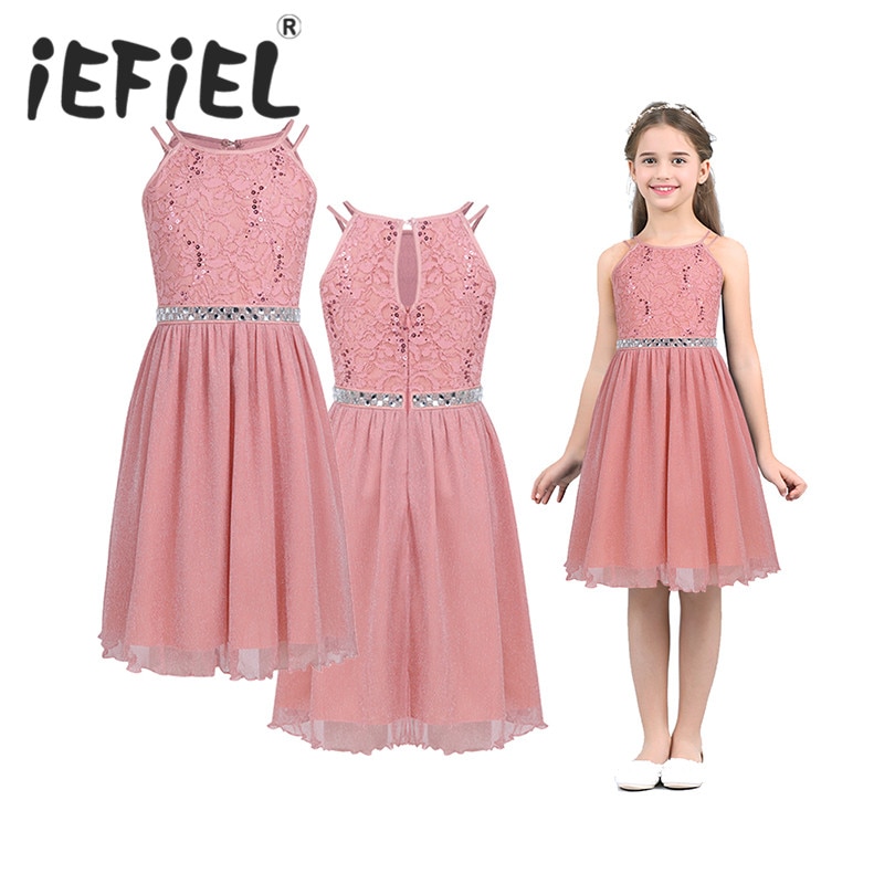 IEFiEL Nette Blume Mädchen Kleid Ärmellose Pailletten Floral Spitze Glänzenden Kleid Kinder Kinder Erste Kommunion Partei Sommer Kleider