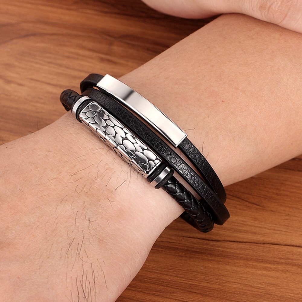 Bracelet Cuir - Tressé 22 cm - Fermoir Acier Inoxydable - Homme