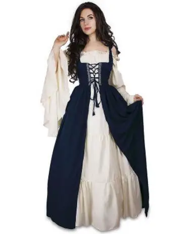 Robe medieval de halloween femme renascentista gótico longue maxi retro robe vitoriano rendas robe de bal paty grande taille: M / Marrom