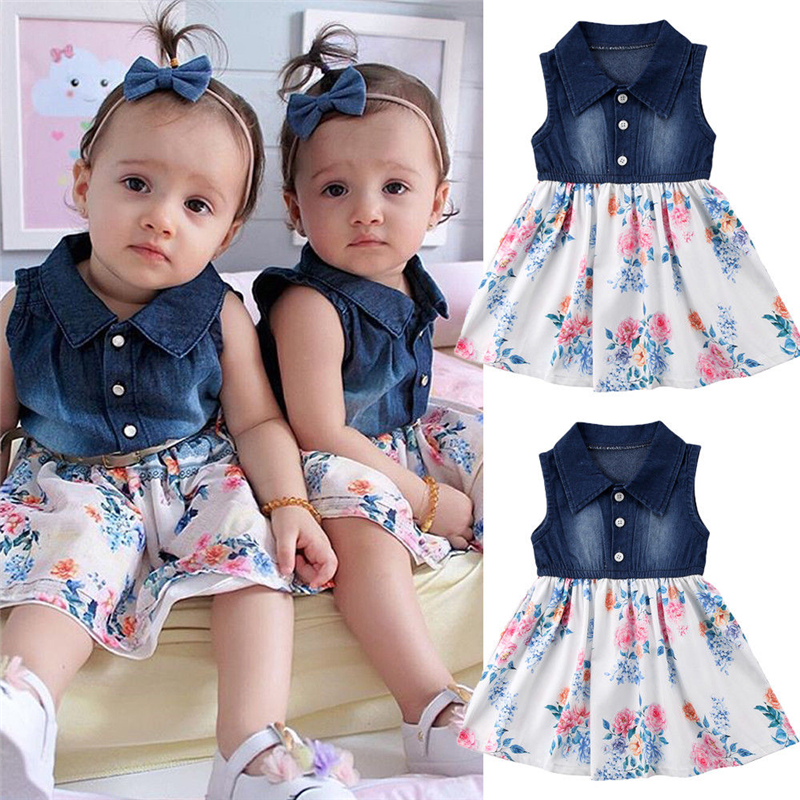 Gloednieuwe Peuter Baby Baby Girl Kids Peuter Zomer Denim Jeans Tutu Korte Mini Jurk Mouwloos Zonnejurk Outfits 1 -6 T