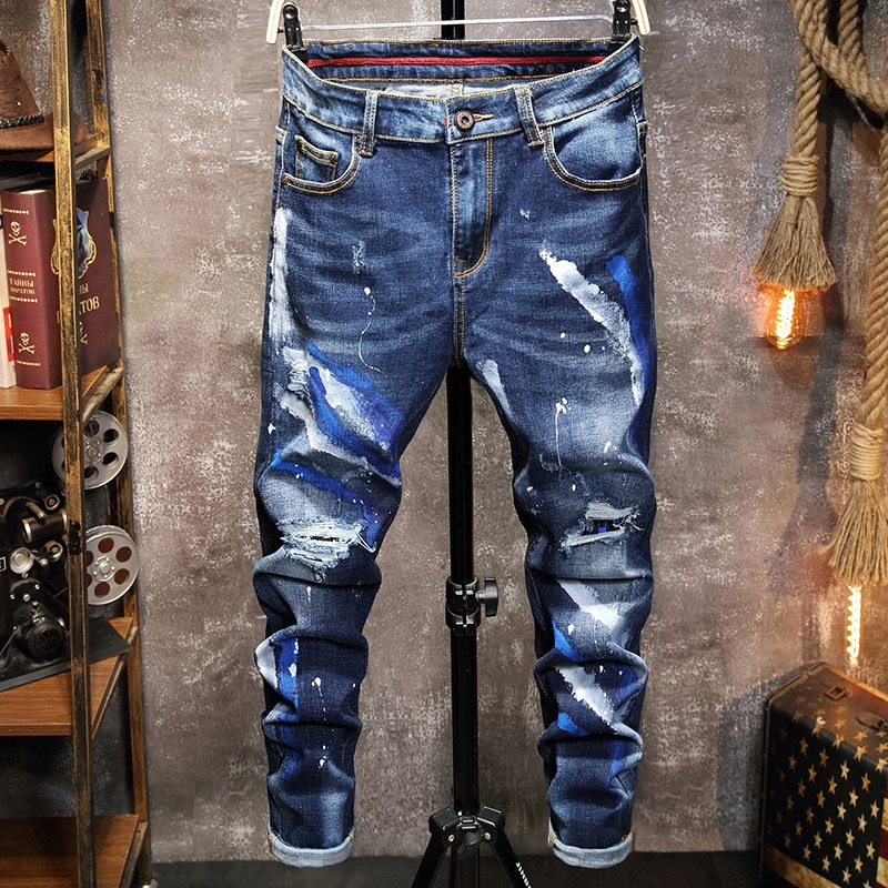 Heren Ripped Patch Jeans Jeugd Business Casual Stretch Slim Broek Mannelijke Koreaanse Mode Trend Blue Denim Broek