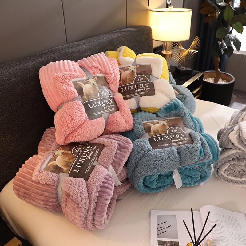 Gestreepte dubbelzijdige dikke deken winter super warme thuis slaapbank sprei luxe koraal fleece kasjmier lakenhoes