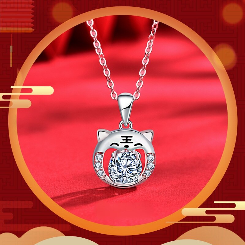 Smyoue 1 ct moissanit-anhänger für damen Ich bin chinesischen stil, niedliche Tiger-halskette , 925 sterlingsilber , 45cm weißGold-schmuckstücke