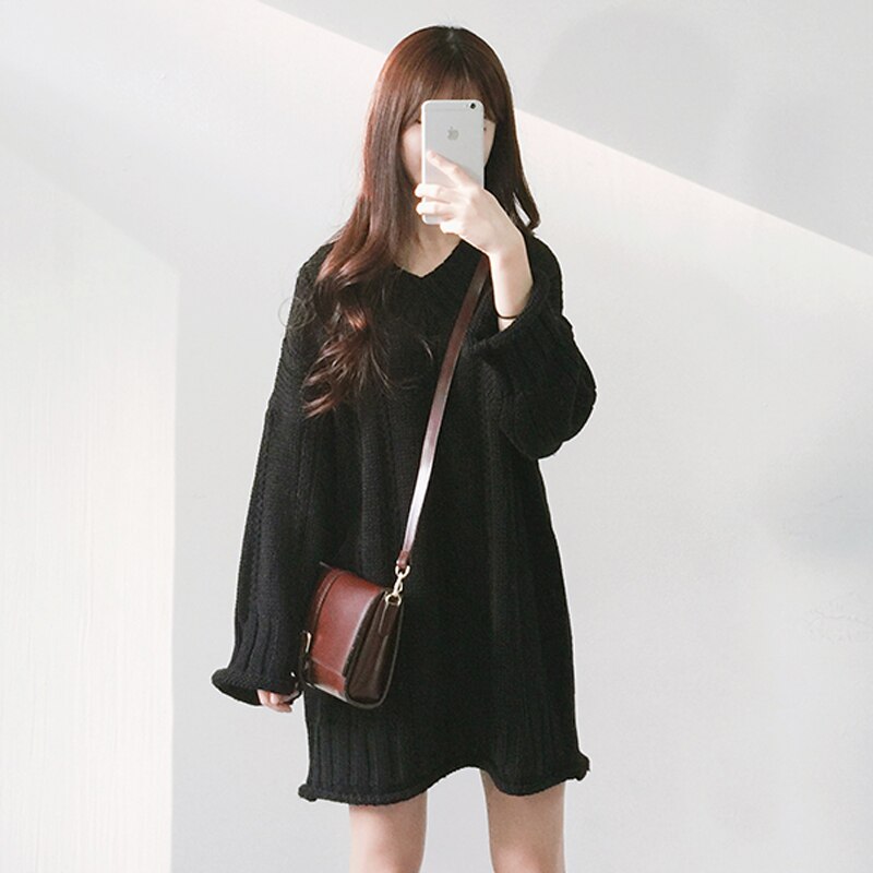 Women Kawaii Spring And Autumn V-Neck Long-Sleeve Knitted Beach Dress Female Korean Harajuku Dress For Women