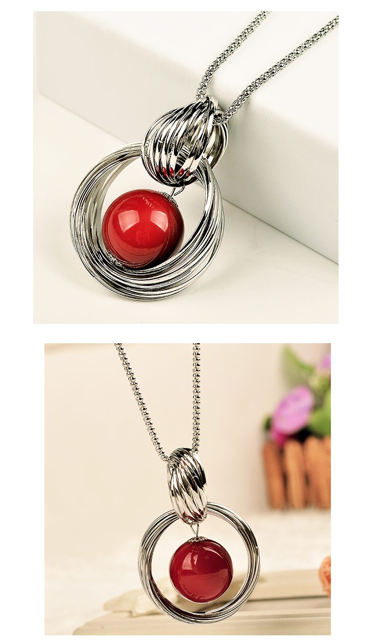 Shelves Ladies Silver Round Red Beads Pendant Necklace Black Rope Long Section Winter Sweater Chain Sales