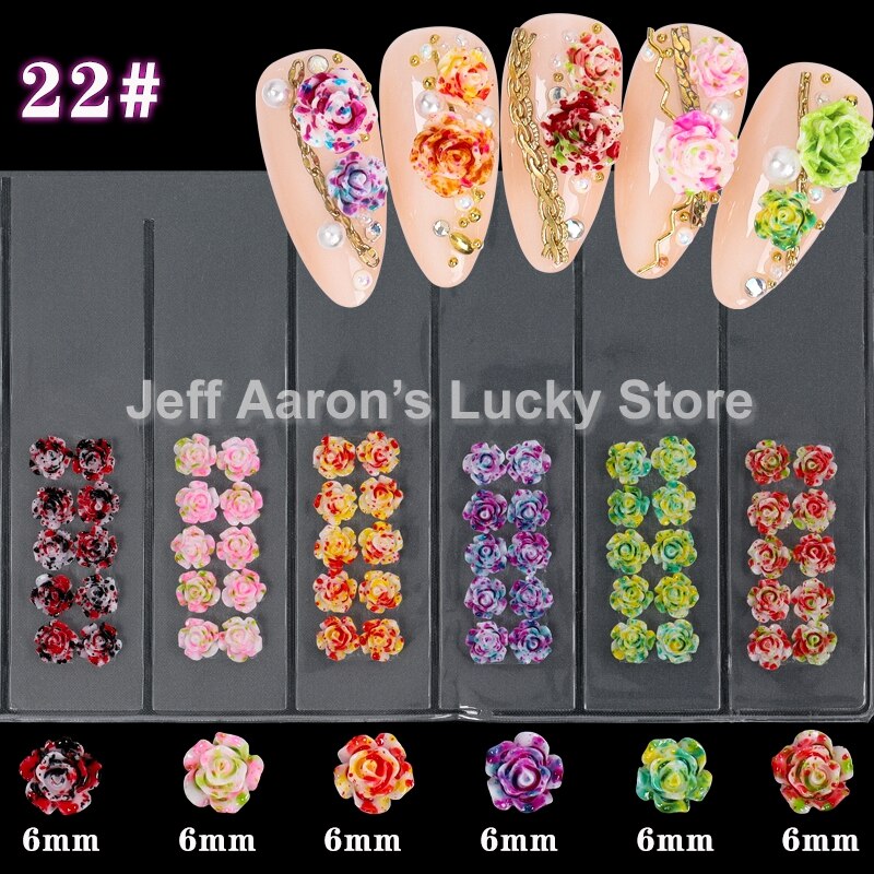 Blandet stil negler harpiks rose blomster cabochons cameo baseinnstilling 6mm 3d turkise rose blomster neglekunst dekorasjon tilbehør: Gzh 22