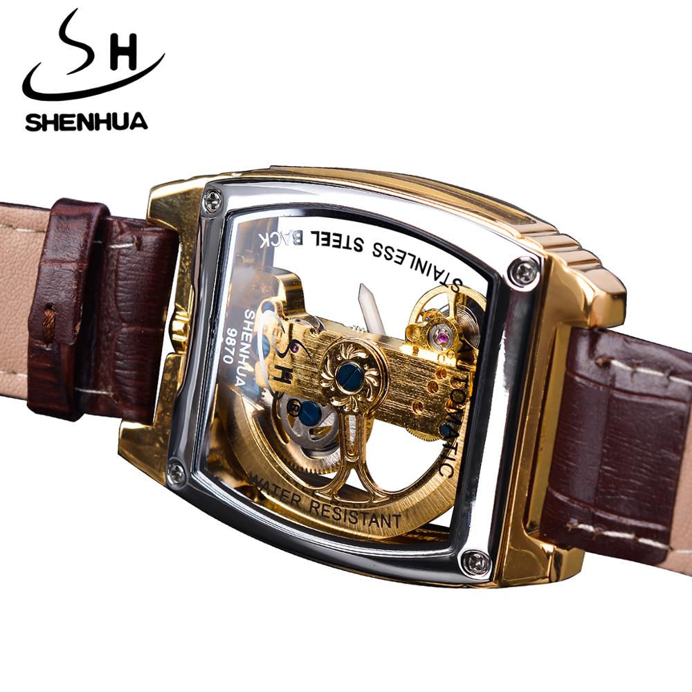 Shenhua Transparante Koninklijke Luxe Waterdichte Automatische Mechanische Horloge Lederen Band Skeleton Tourbillion Goud Lichtgevende Klok