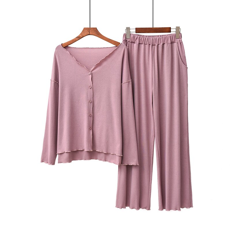 Efterår dame pyjamas sæt komfort ensfarvet kvinder sexet v-hals hjemmetøj 2 stk langærmet+bukser fritidstøj: Lyserød