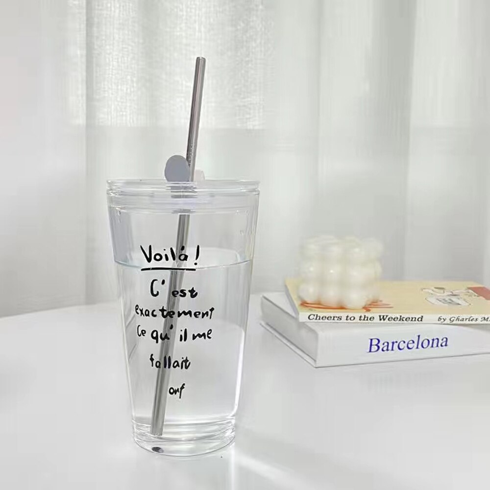 Glas kopp retro fransk stor kapacitet retro flicka brev kaffe glas kopp med lock halm vatten kopp dubbelbottnad kaffe temugg: B rostfritt stål