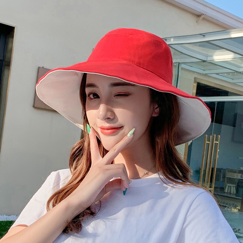 Double sided women's sun hat Korean version - UV resistant summer hat for hiking, fishing and beach travel: Red