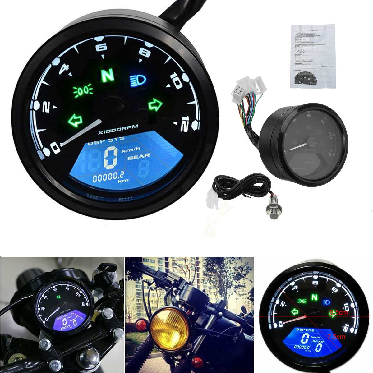 12000RPM Motorcycle LCD Digital Display Speedometer Tachometer Odometer Gauge Cafe Racer Motor 8-18V Universal