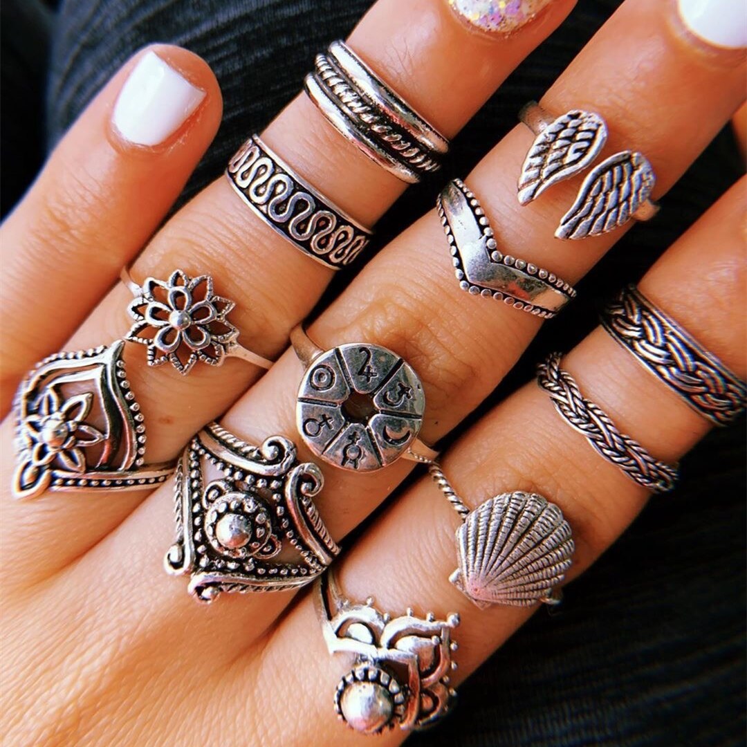 Bohemian Rings For Women Antique Silver Color Angle Anel Knuckle Gothic Punk Initial Ring Set Boho Jewelry Anniversary Gif
