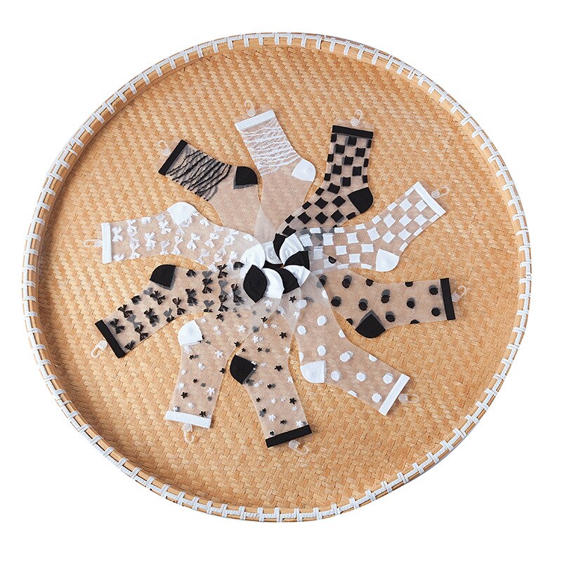 10 par/partia nowa wiosna i jesień kobiety kraty i skarpety w paski koronka wzburzyć krystaliczny jedwab kostki skarpety cienkie przezroczyste skarpetki: Default Title