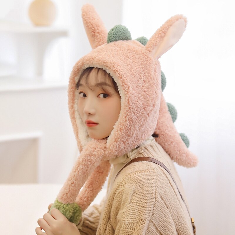 Gorro de punto de estilo coreano para mujer, gorro elástico con orejas de conejo, Color sólido, informal, para esquí, calentador de orejas, para invierno