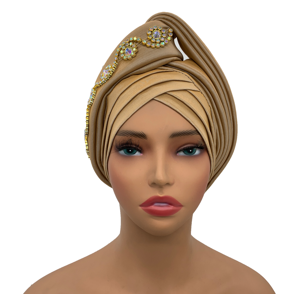 Diamanter turban kasket til kvinder afrikansk dame hovedbeklædning nigeria auto gele hovedbind bryllupsfest hovedbeklædning turbante mujer: Rødbrun