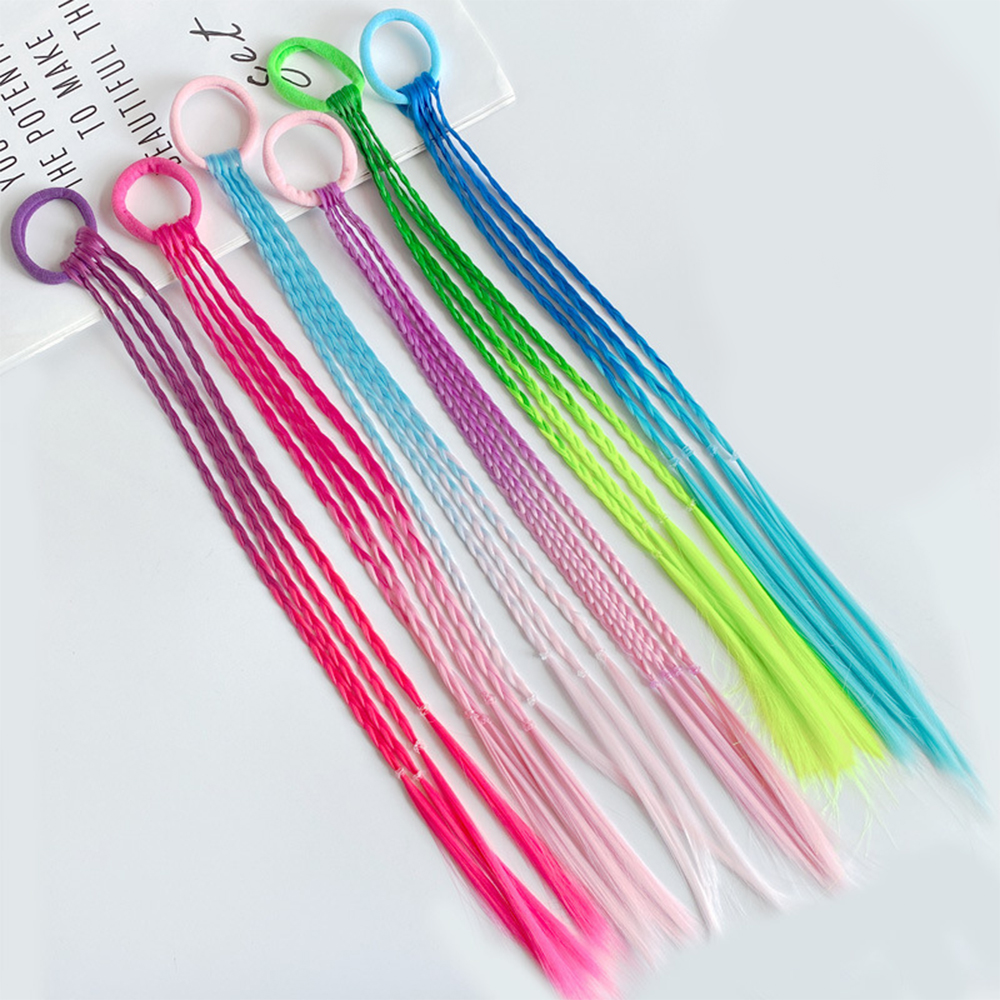 Extensiones de cabello con trenzas coloridas sintéticas con bandas de goma, coleta trenzada de arcoíris, accesorios para el cabello para niñas