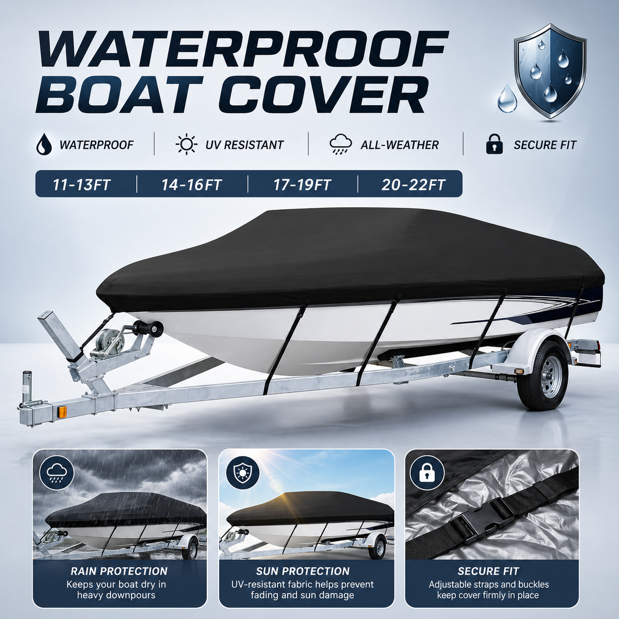Yacht Boat Cover 11- 22FT Barco Boat Cover Anti-UV Waterproof Heavy Duty 190T Marine Trailerable Canvas Boat Accessories