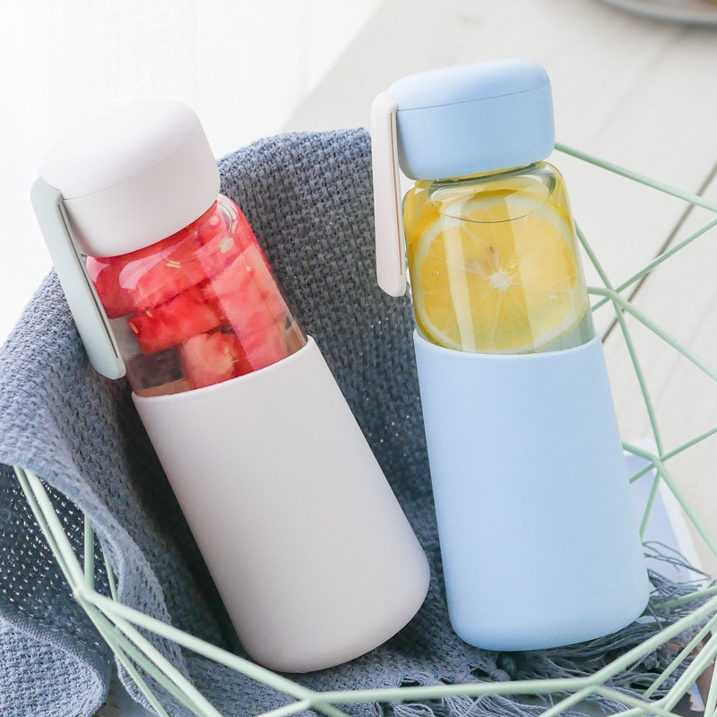 400ml Korean Women Glass Water Bottle with Silicone Cover Students School Drink Bottles Outdoor Portable Rope