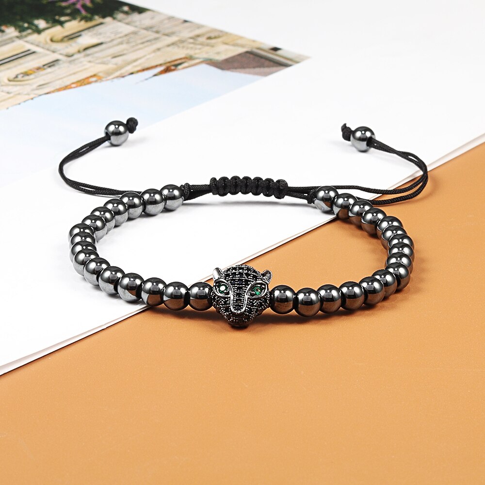 Leopard Head Bracelet Adjustable Beads Pave Zircon Bracelet For Men Women Charm Jewelry Best Friend: black leopard