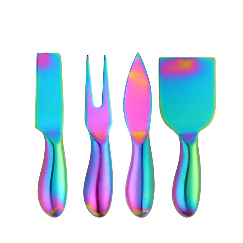 4pcs Cheese Tools Set Stainless Steel Cheese Knife Kitchen Accessories Cake Spatula Butter Cheese Slicer Cutter Shovel Fork Kit: rainbow