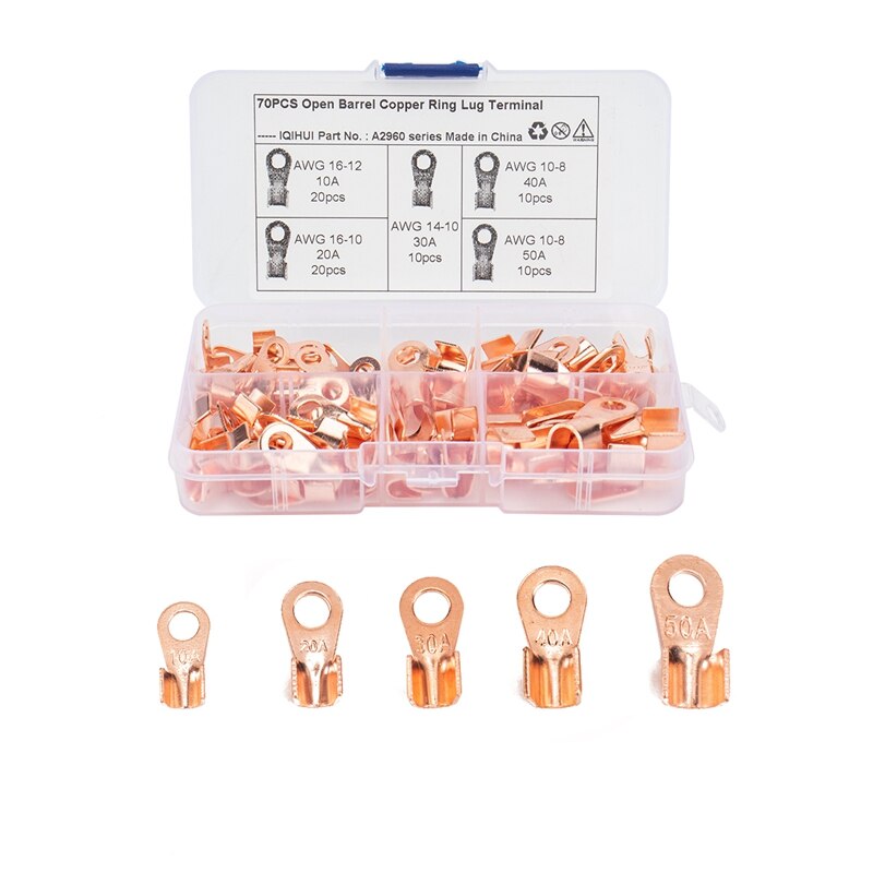 Battery Cable Copper Open Barrel Ring Lug Terminals Connectors Assortment Kit Wire Crimp Connector OT: 70