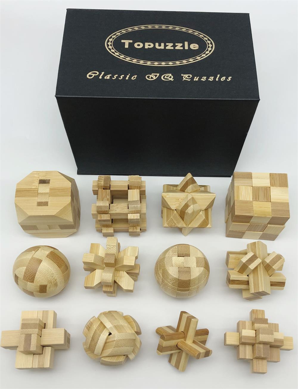 Set of 12PCS IQ Educational Bamboo Burr Puzzle Interlocking Mind Brain Teaser Puzzles Game for Adults Children