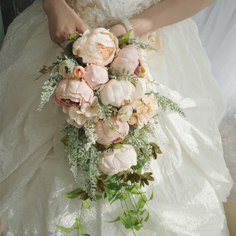 Waterval Zijde Pioen Bruiloft Bloemen Boeket Voor Bruidsboeketten Vintage Ivoor Roze Kunstbloemen Mariage Bruid Boeket: Pink