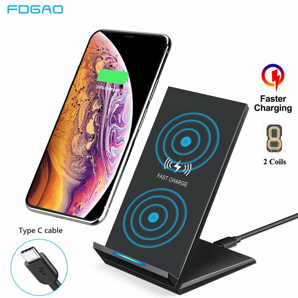 Fdgao carregador sem fio qi 10w, carregador rápido para iphone 11, pro, 8, x, xr, xs, max suporte para samsung s20 s10 s9 note 10 9 8