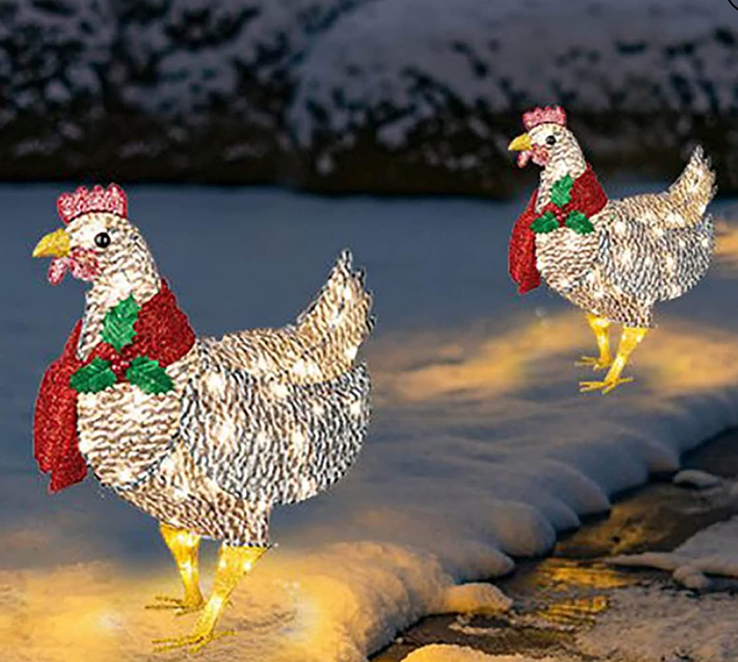 Christmas Decorations Light-Up Chicken with Scarf Decor LED Flat 3D Outdoor Christmas Lights Statue Garden Yard Ornament: Metal S L