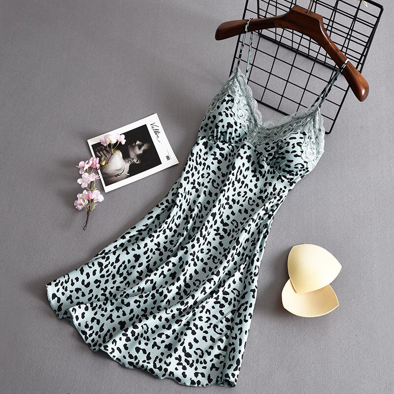 Lisacmvpnel Leopard Pattern Suspender Nightdress Women's Summer Thin Sexy Silk With Bra Lace Nightgown: Green / L