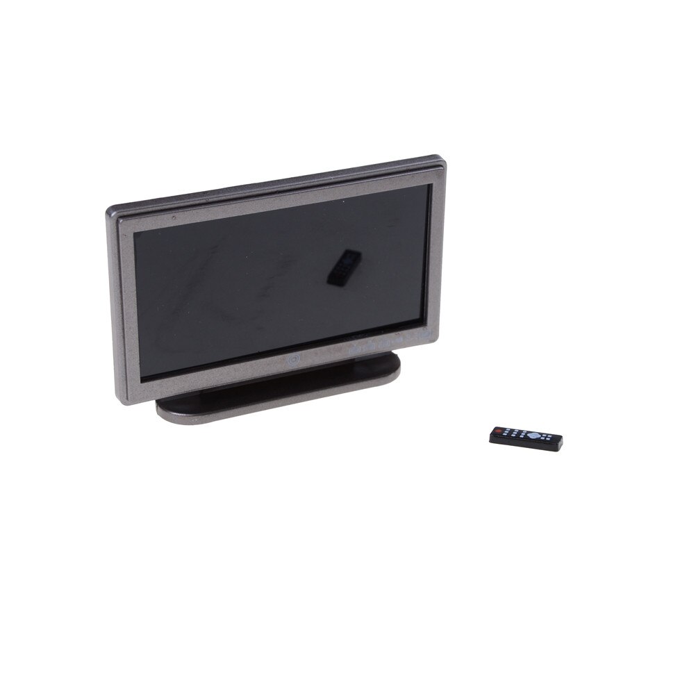 Nieuwste poppenhuis miniatuur breedbeeld televisie flat-panel lcd tv met afstandsbediening grijs klassiek fantasiespel accessoire speelgoed voor kinderen