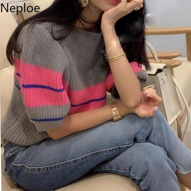 Neploe regenboog gestreepte trui dames lente koreaanse ronde hals pofmouw dames pullover tops casua stretch damestrui