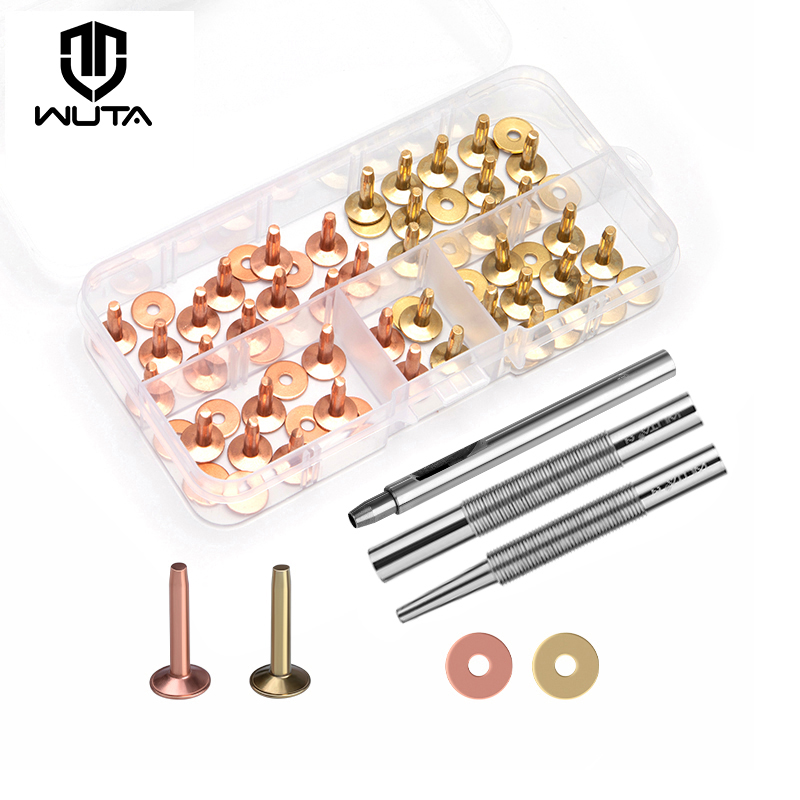 WUTA 43 Pcs Pure Copper Rivets and Burrs,4 Sizes Set Solid Brass Studs Setting Tool for Belts Wallets Collars Leather DIY Craft