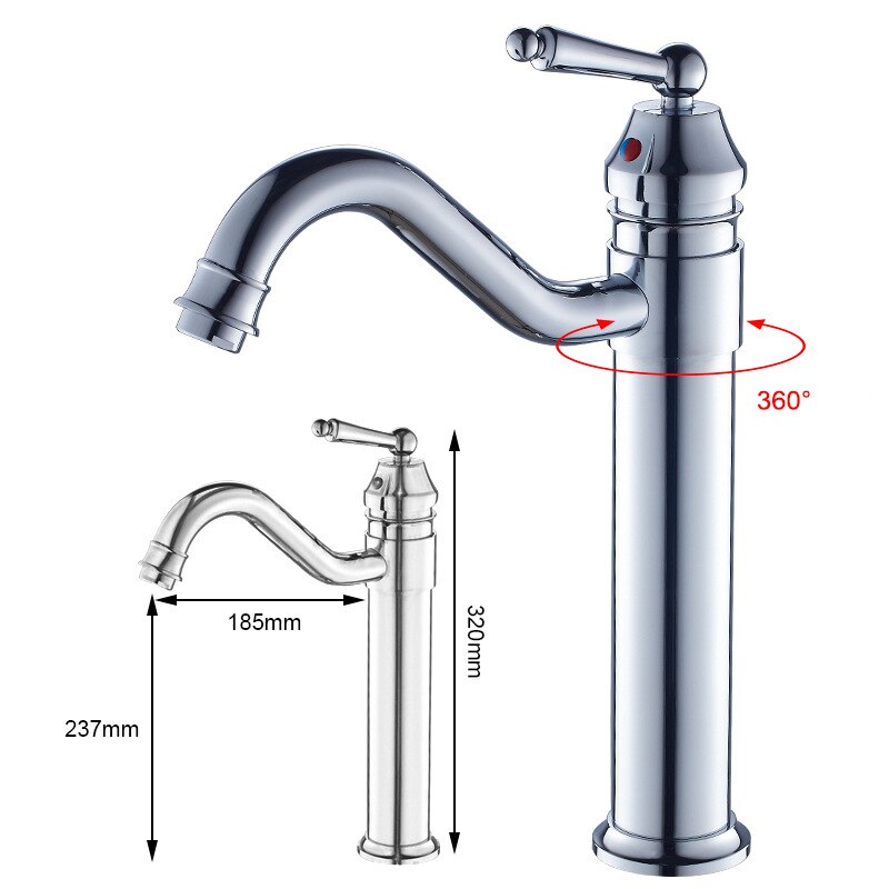 Grifo de lavabo de cobre antiguo, mezclador de agua de estilo clásico frío y , grifo montado en cubierta de un solo mango: Silver-Hight