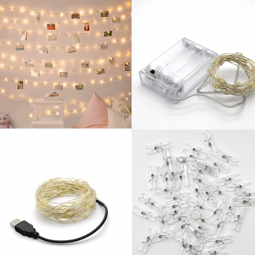 Guirnalda de luces LED con Clip para fotos, guirnalda de luces alimentadas por batería USB/AA, para dormitorio, Navidad, , boda, decoración
