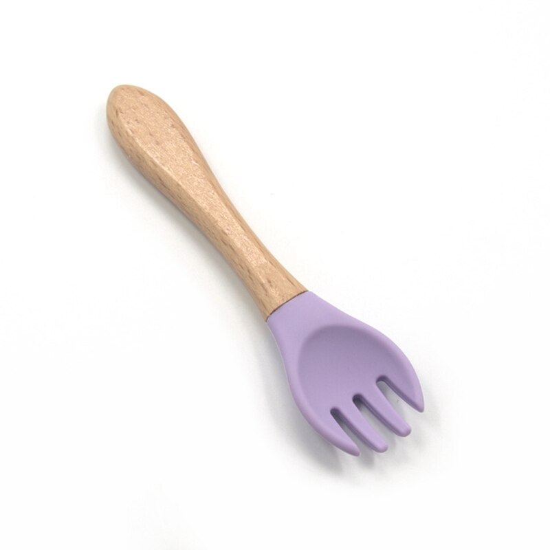 Hurtownia niemowlę silikonowy widelec ekologiczny widelec dla dzieci łatwe robić czyszczenia łyżka dla dzieci z drewnianym uchwytem prezent dla dziecka dla dzieci: GJC02