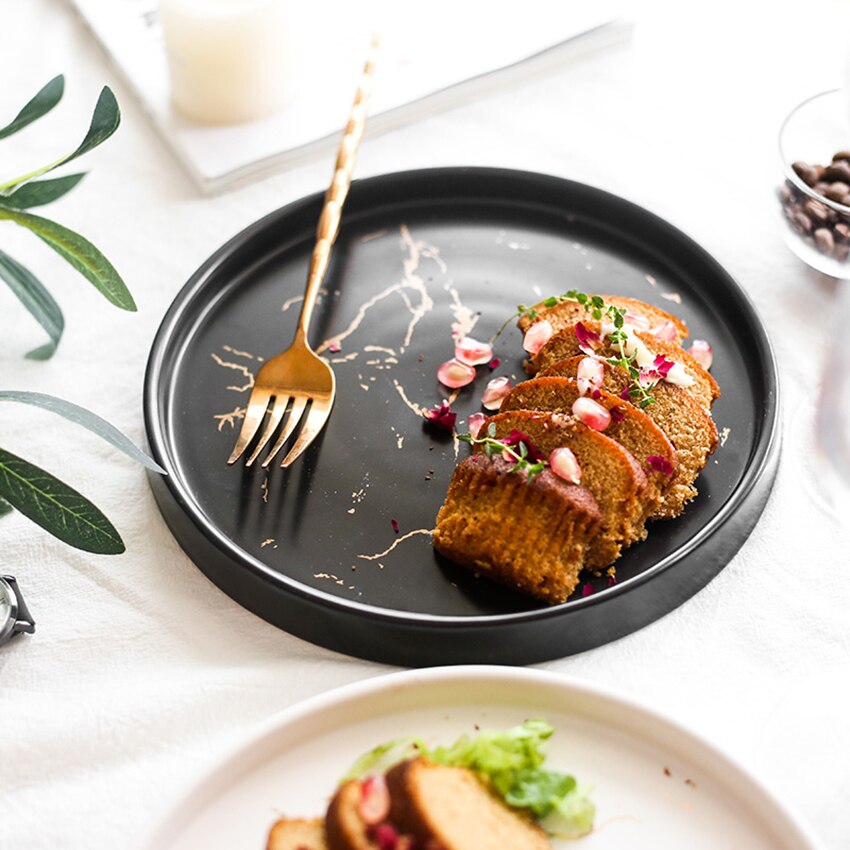 8-inch Porcelain Dinner Plates, Marble Pattern Round Serving Plate for Pasta, Snack, Dessert and Salad, White, Black