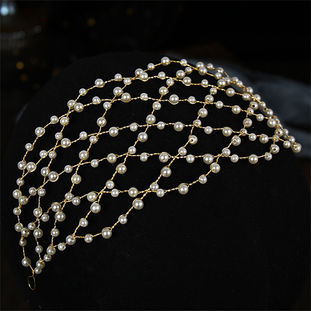 Diadema de perlas, diademas de red de cadena suave para novia, accesorios para el cabello de boda, tocado con cuentas de , joyería Noiva para mujer: Color amarillo dorado claro
