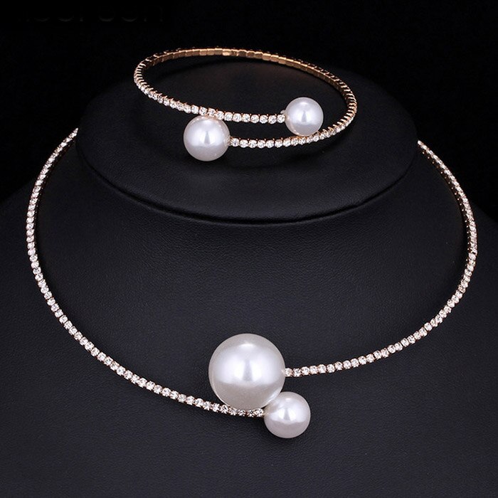 Mode Vrouwen Eenvoudige Gesimuleerde Parel Bruids Sieraden Sets Crystal Wedding Ketting + Armband Set Tt @ 88: gold