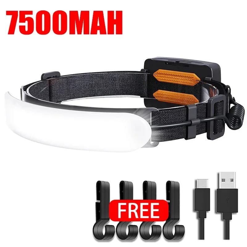 Potente linterna frontal LED COB, linterna frontal recargable por USB con batería integrada de 5000Mah, linterna para acampar y pescar: Blanco
