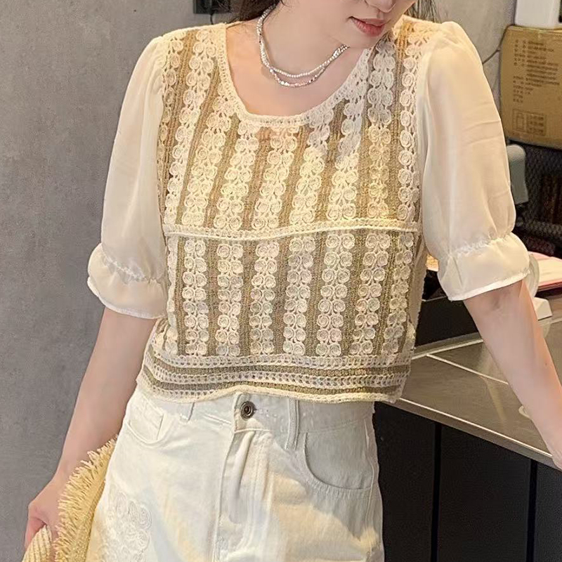 Heklet topp for kvinner chiffong halvermet broderi åpen strikket bluse topper sommer bohemsk chic strandantrekk: Beige