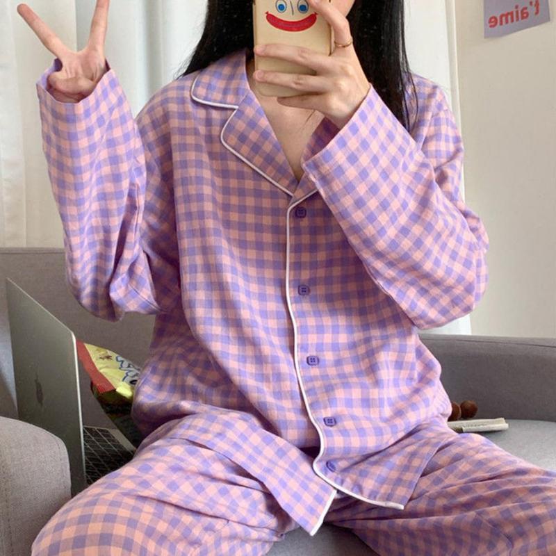 Ensemble pyjama coréen violet à manches longues pour femmes, vêtements de maison, mignon, hiver